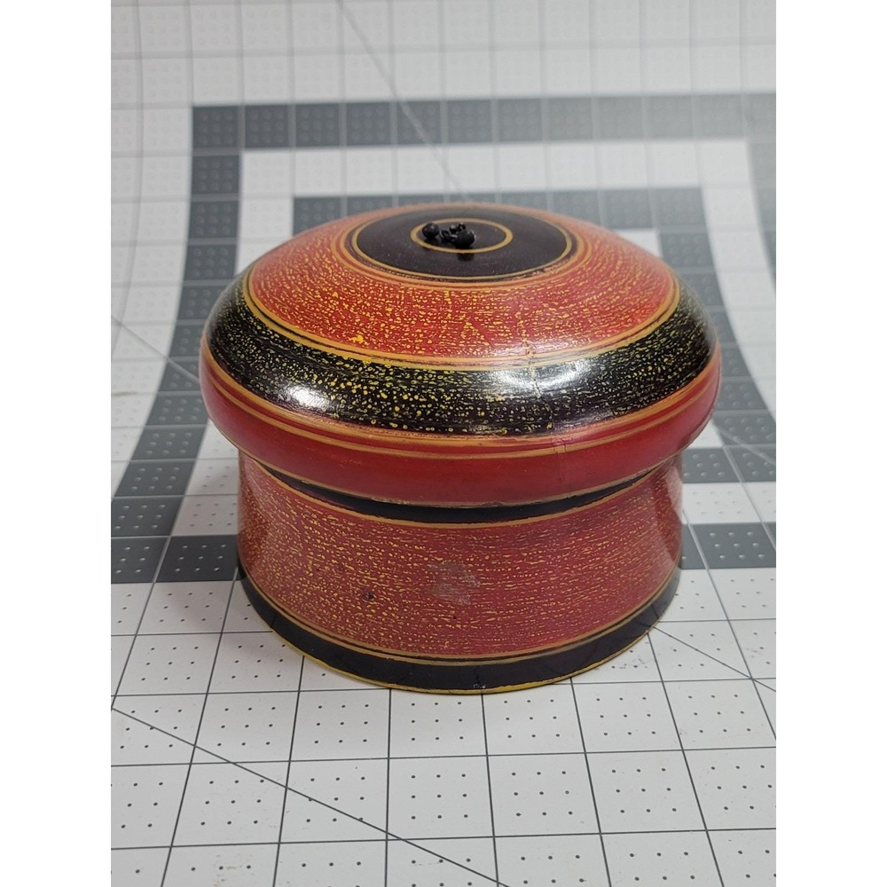 Antique Indian Red Lacquer Turned Wood Tikka KumKum Spice Box w Lid 6"